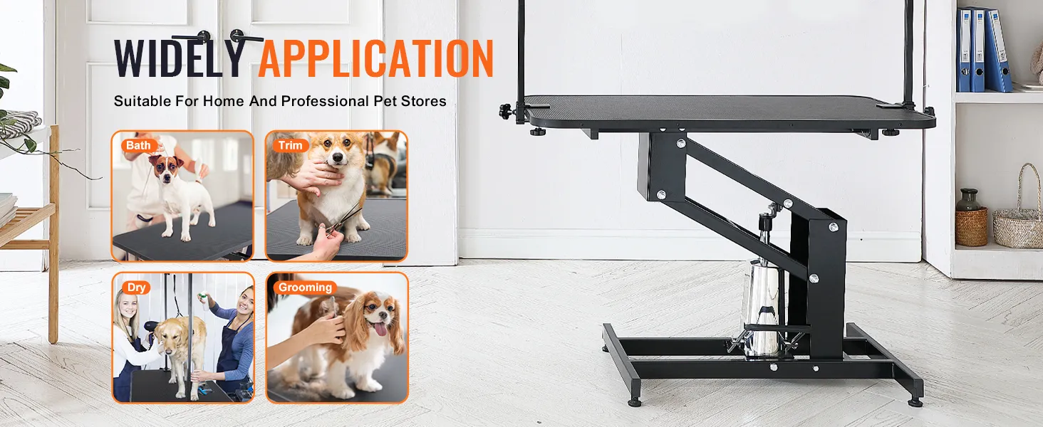 VEVOR pet grooming table for bathing, trimming, drying, and grooming at home and professional pet stores.