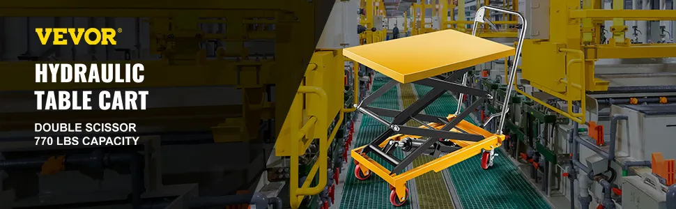 VEVOR hydraulic lift table cart, double scissor with 770 lbs capacity in industrial setting.