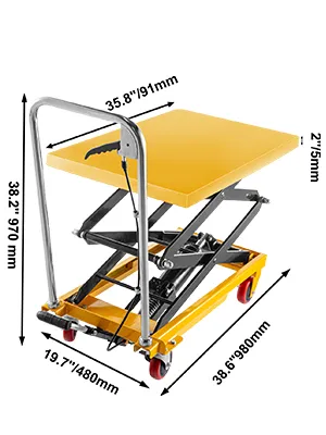 VEVOR hydraulic lift table cart with a yellow platform, chrome handle, and red caster wheels.