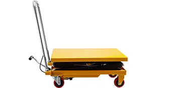 yellow VEVOR hydraulic lift table cart with red casters and black hydraulic mechanism