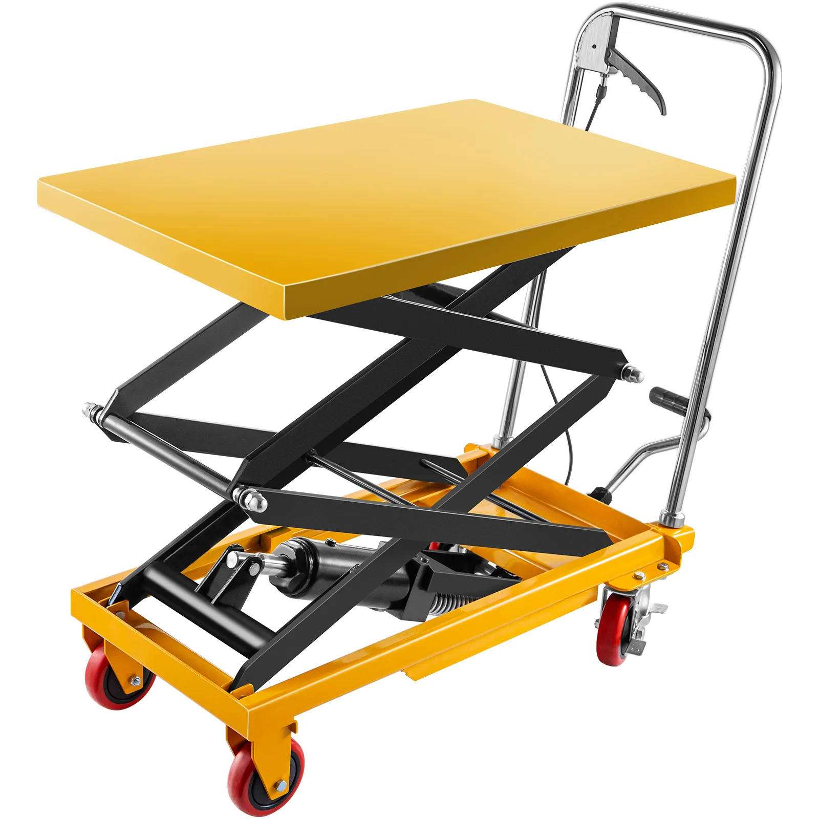 VEVOR hydraulic lift table cart with a yellow platform and red wheels.