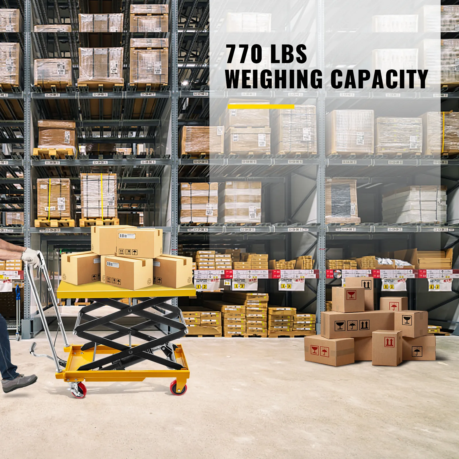 warehouse scene with VEVOR hydraulic lift table cart carrying boxes, 770 lbs capacity.