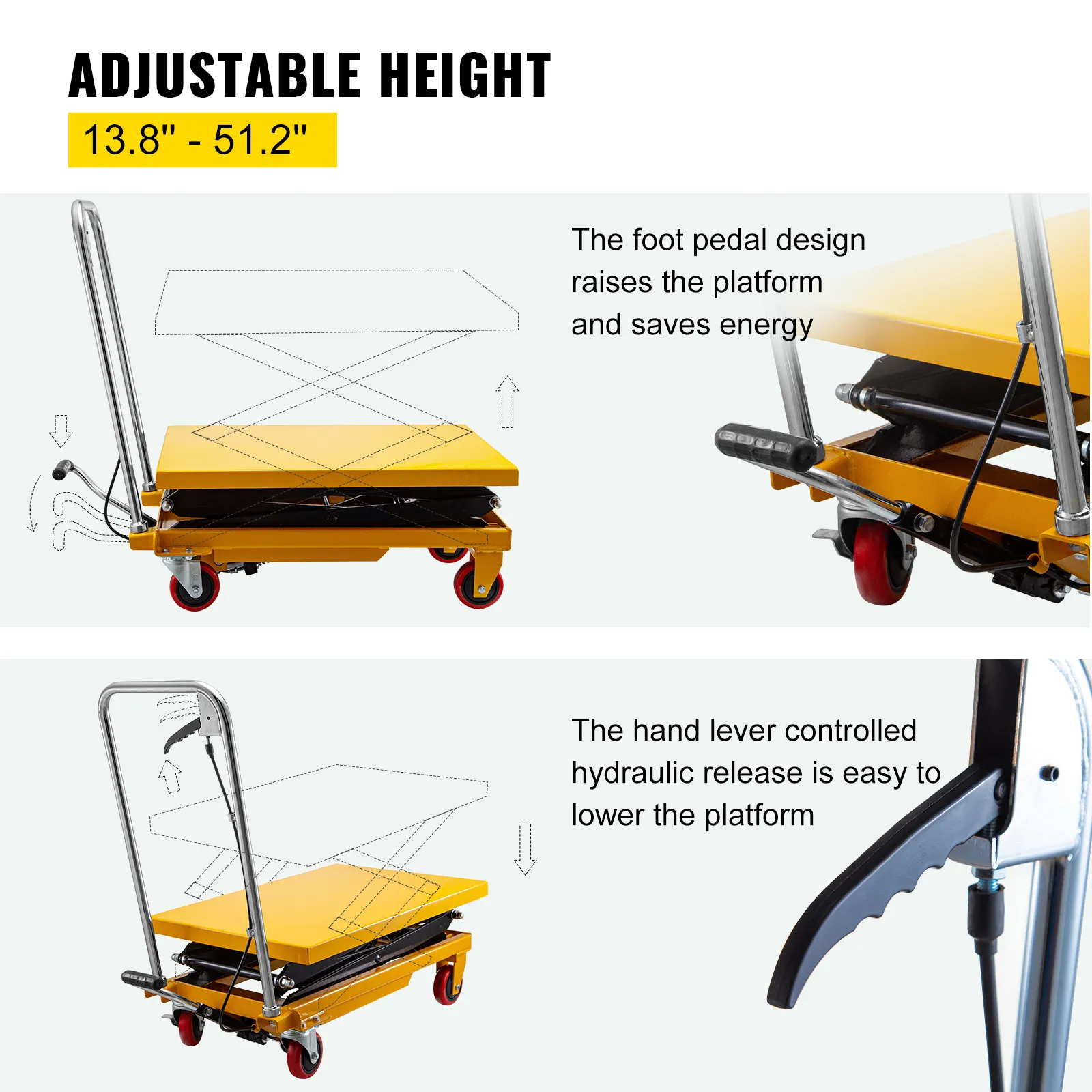 VEVOR hydraulic lift table cart with adjustable height from 13.8" to 51.2".