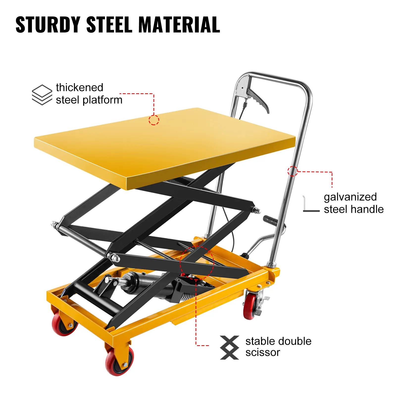 VEVOR hydraulic lift table cart with thickened steel platform and galvanized handle.