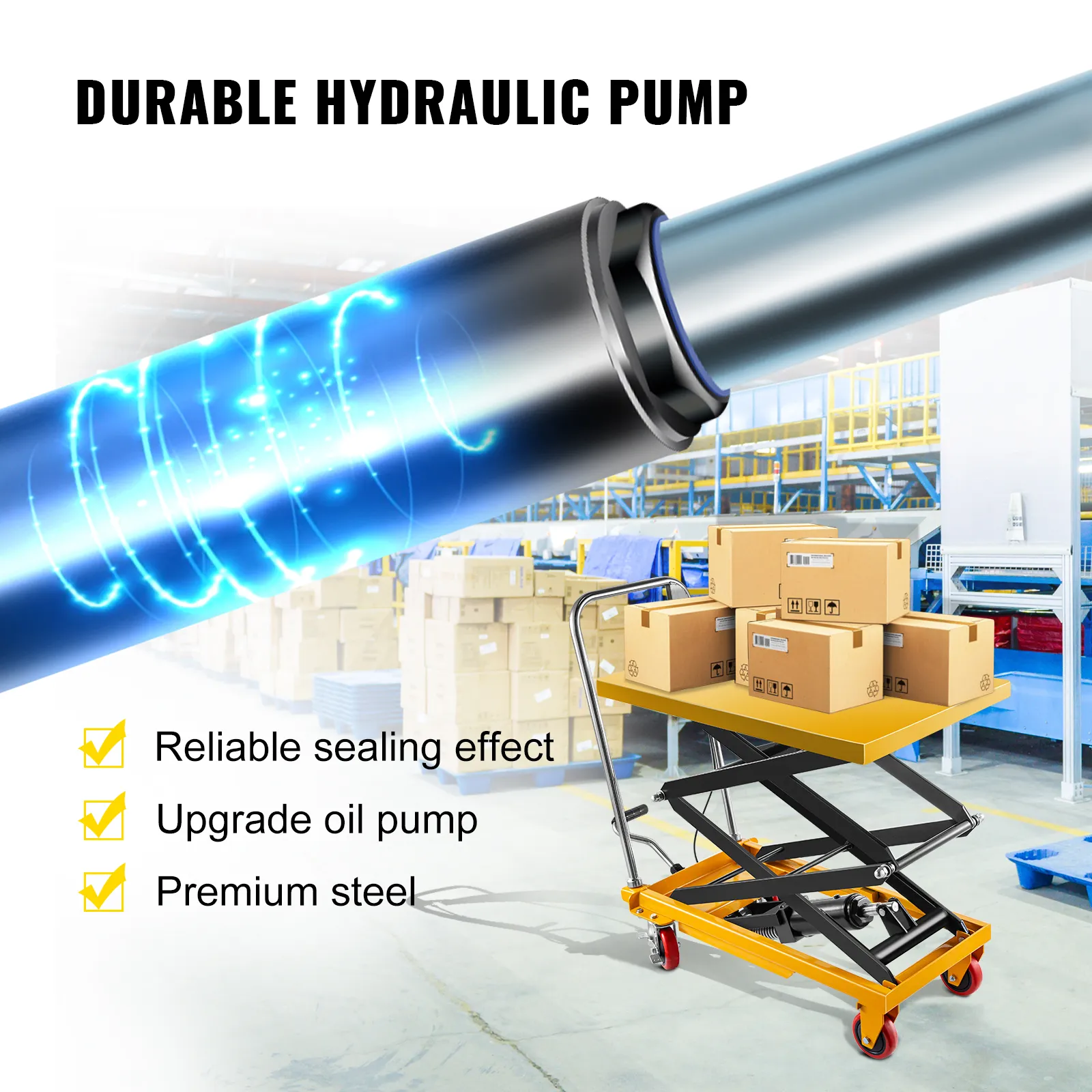 VEVOR hydraulic lift table cart in warehouse with boxes and durable hydraulic pump.