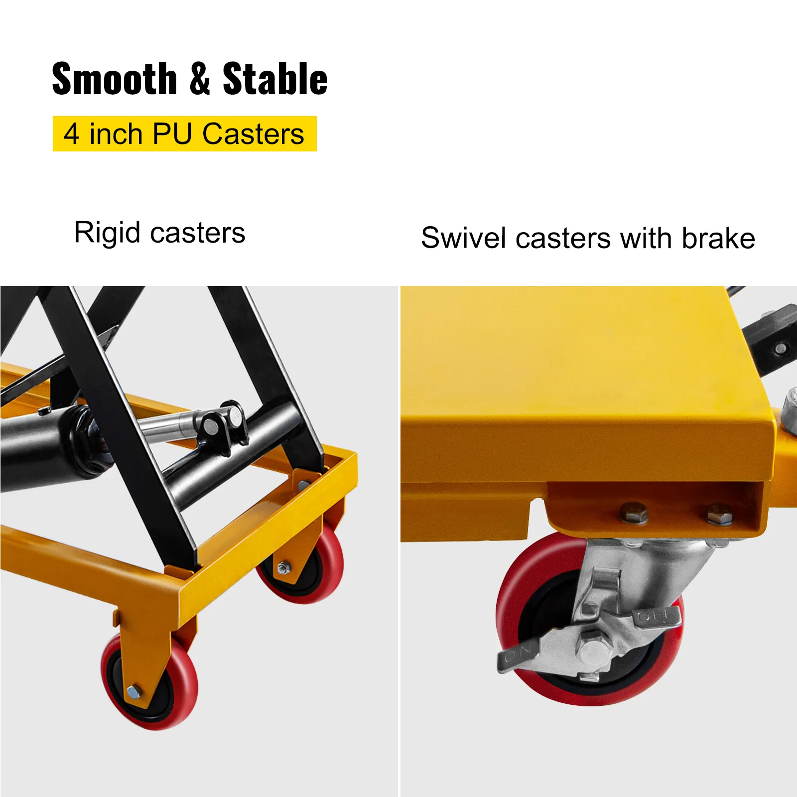 VEVOR hydraulic lift table cart with 4 inch pu rigid and swivel casters with brake.