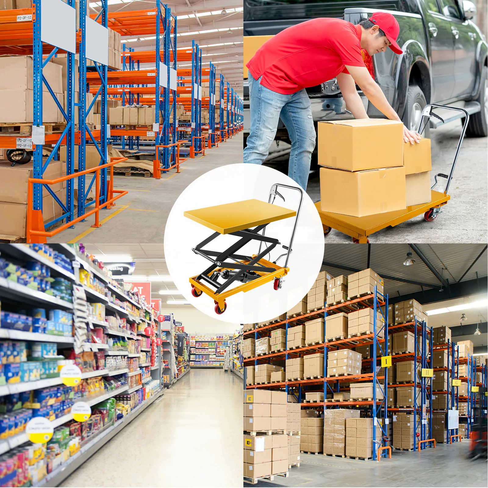 VEVOR hydraulic lift table cart in use at warehouse, store aisle, and loading area.