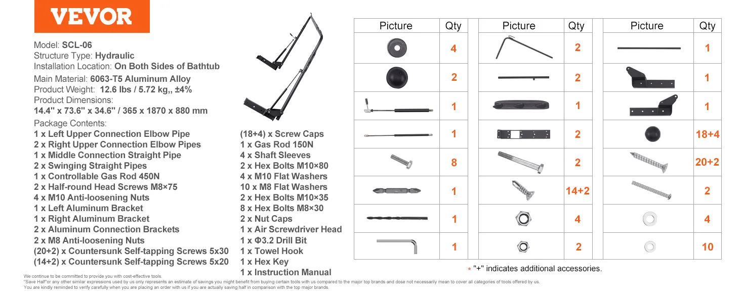 VEVOR hottub cover lift-componenten met artikellijst en aantallen voor montage.
