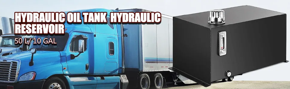 VEVOR hydraulic fluid tank alongside a blue truck and trailer, 50l/10 gal capacity.