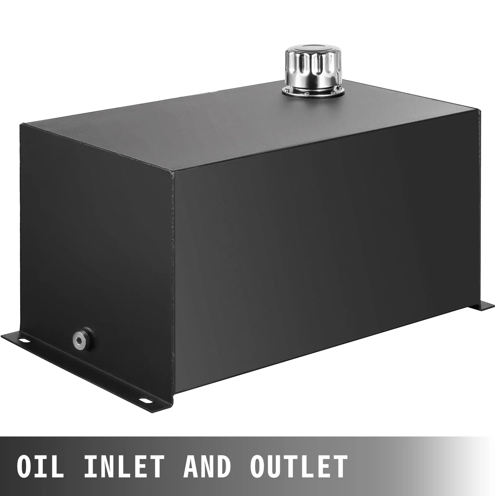 black VEVOR hydraulic fluid tank with metal cap, labeled "oil inlet and outlet".