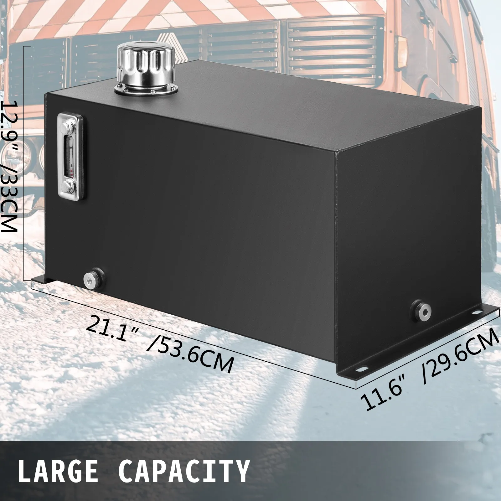 VEVOR hydraulic fluid tank with large capacity, 21.1" x 11.6" x 12.9" dimensions.