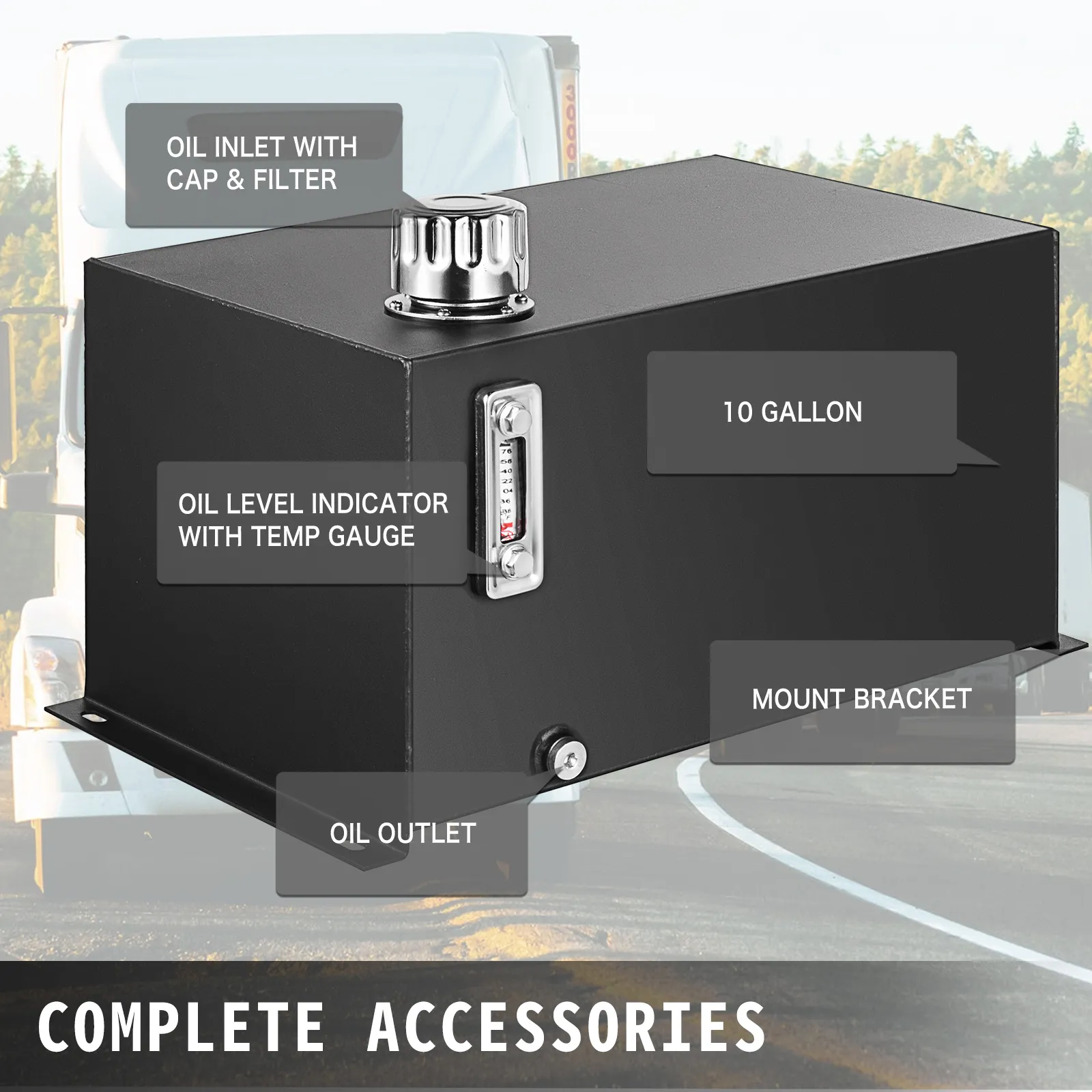 VEVOR hydraulic fluid tank with oil inlet, level indicator, mount bracket, and outlet.