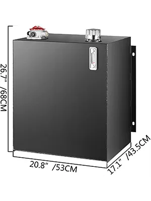 black VEVOR hydraulic oil tank with dimensions 26.7"x20.8"x17.1".