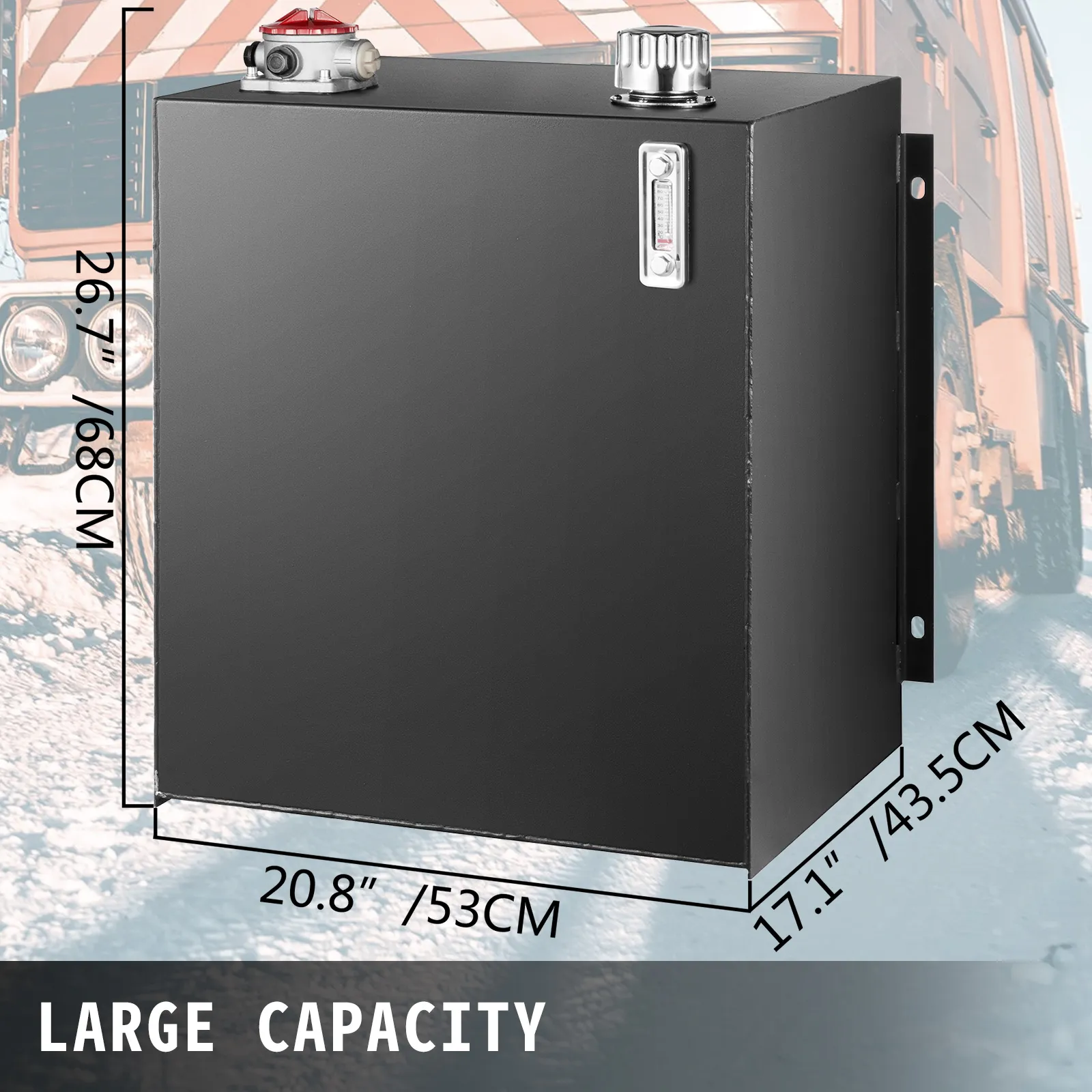 VEVOR hydraulic oil tank with dimensions 26.7"x20.8"x17.1" and large capacity.