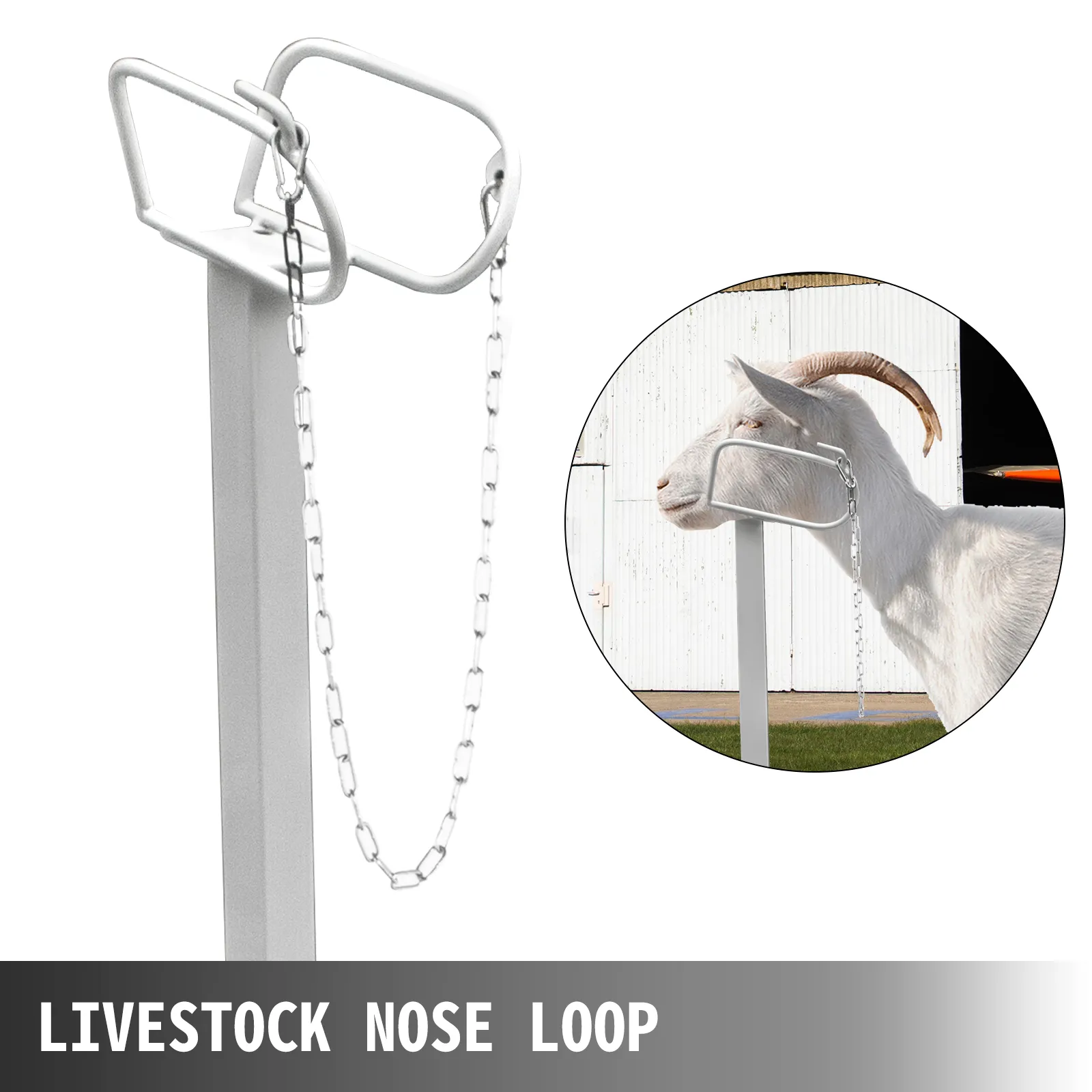Soporte para recortar ganado VEVOR con lazo de cadena de metal seguro para sujeción de animales.