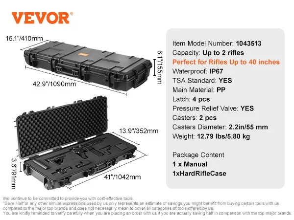 VEVOR tactical range case, waterproof hard case for rifles, tsa standard with customizable foam.
