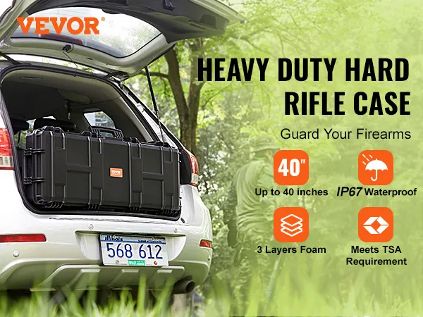 VEVOR tactical range case, 40-inch hard rifle case with ip67 waterproof, foam layers, tsa compliant.
