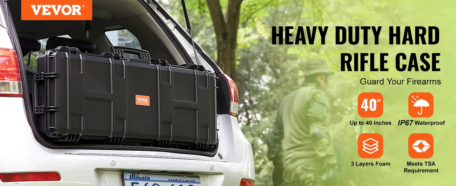 VEVOR tactical range case, 40-inch hard rifle case with ip67 waterproof, foam layers, tsa compliant.