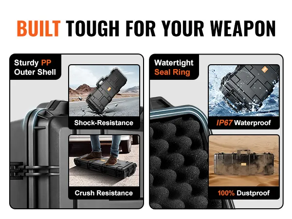 VEVOR tactical range case with pp outer shell, ip67 waterproof, crush-resistant, dustproof features.