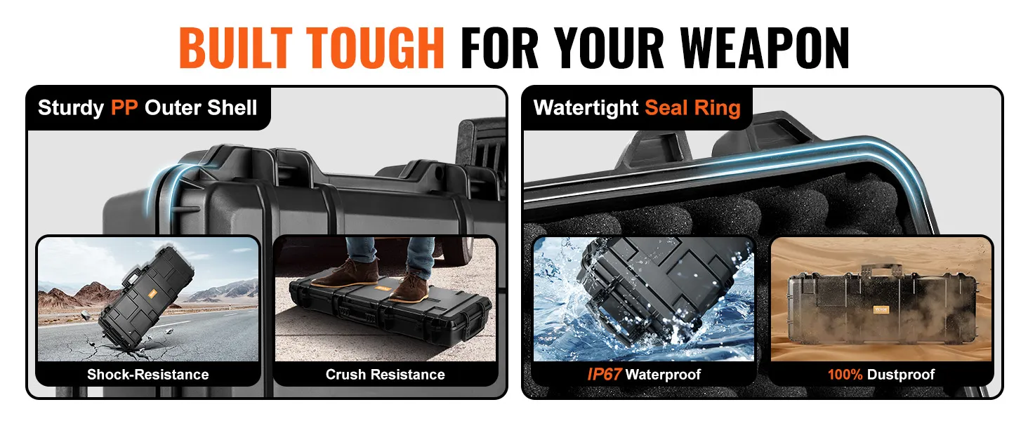 VEVOR tactical range case with pp outer shell, ip67 waterproof, crush-resistant, dustproof features.