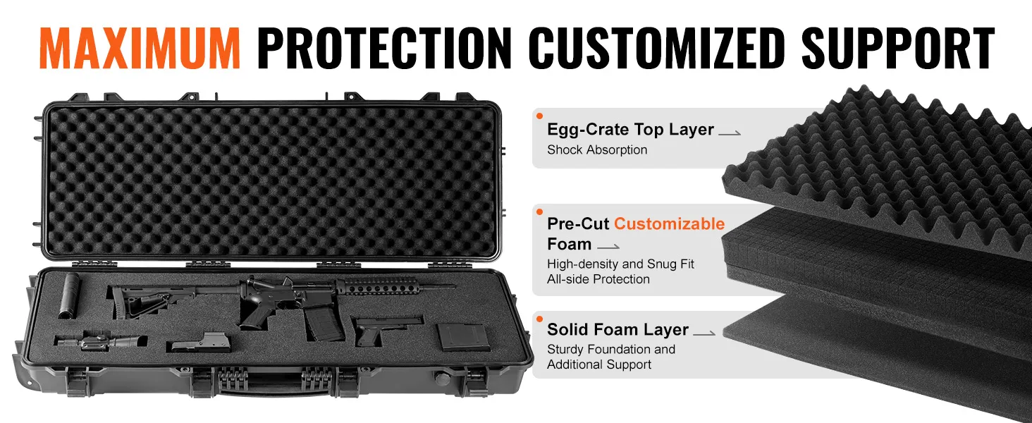 VEVOR tactical range case with customizable foam layers for maximum protection and shock absorption.