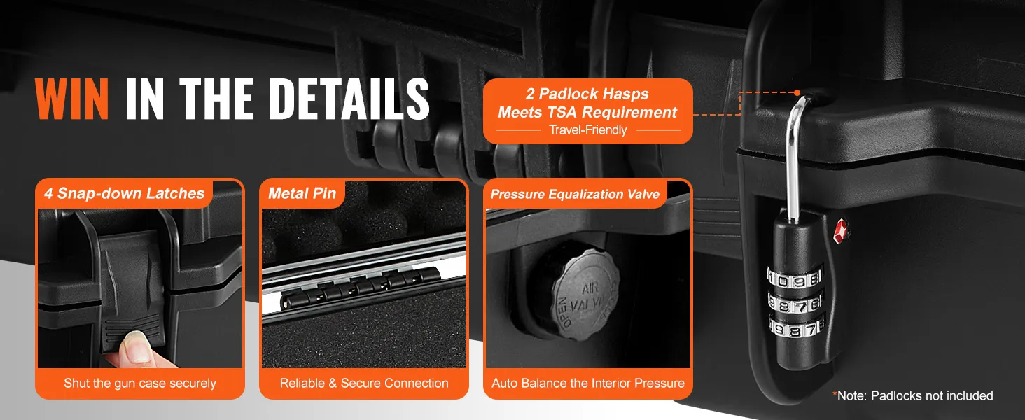 VEVOR tactical range case with 4 snap-down latches, tsa locks, and pressure equalization valve.