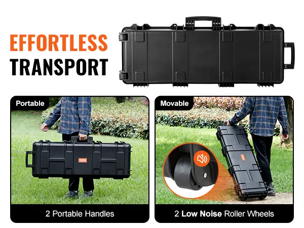 effortless transport of VEVOR tactical range case with 2 portable handles and low noise roller wheels.
