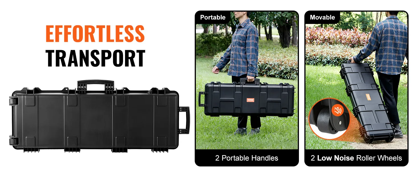 effortless transport of VEVOR tactical range case with 2 portable handles and low noise roller wheels.