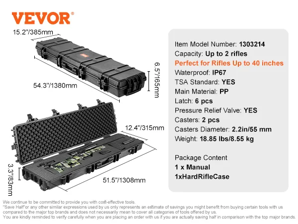 VEVOR tactical range case, holds up to 2 rifles, ip67 waterproof, tsa standard, with 6 latches, 2 casters.