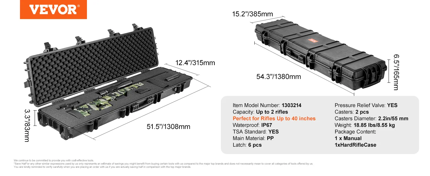 VEVOR tactical range case, holds up to 2 rifles, ip67 waterproof, tsa standard, with 6 latches, 2 casters.