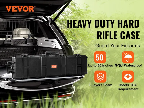 VEVOR tactical range case in a vehicle trunk, heavy-duty, waterproof, meets tsa requirements.