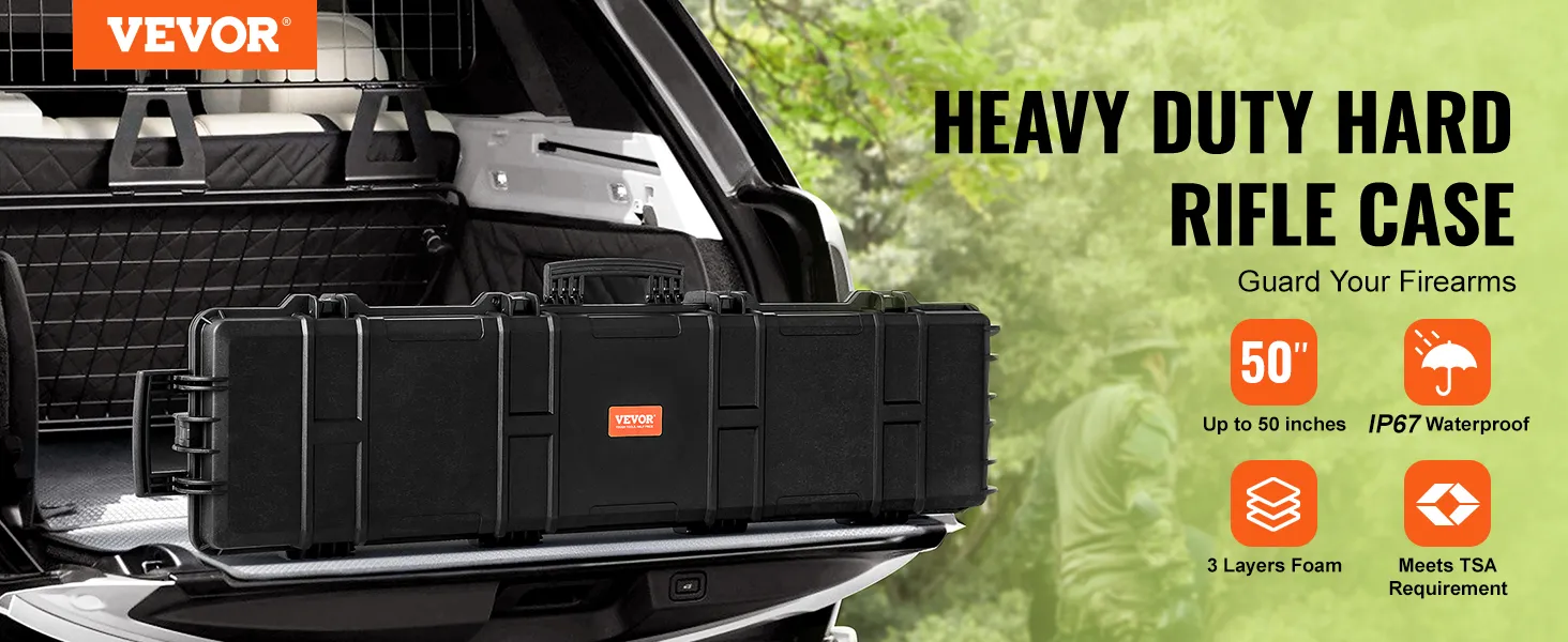 VEVOR tactical range case in a vehicle trunk, heavy-duty, waterproof, meets tsa requirements.