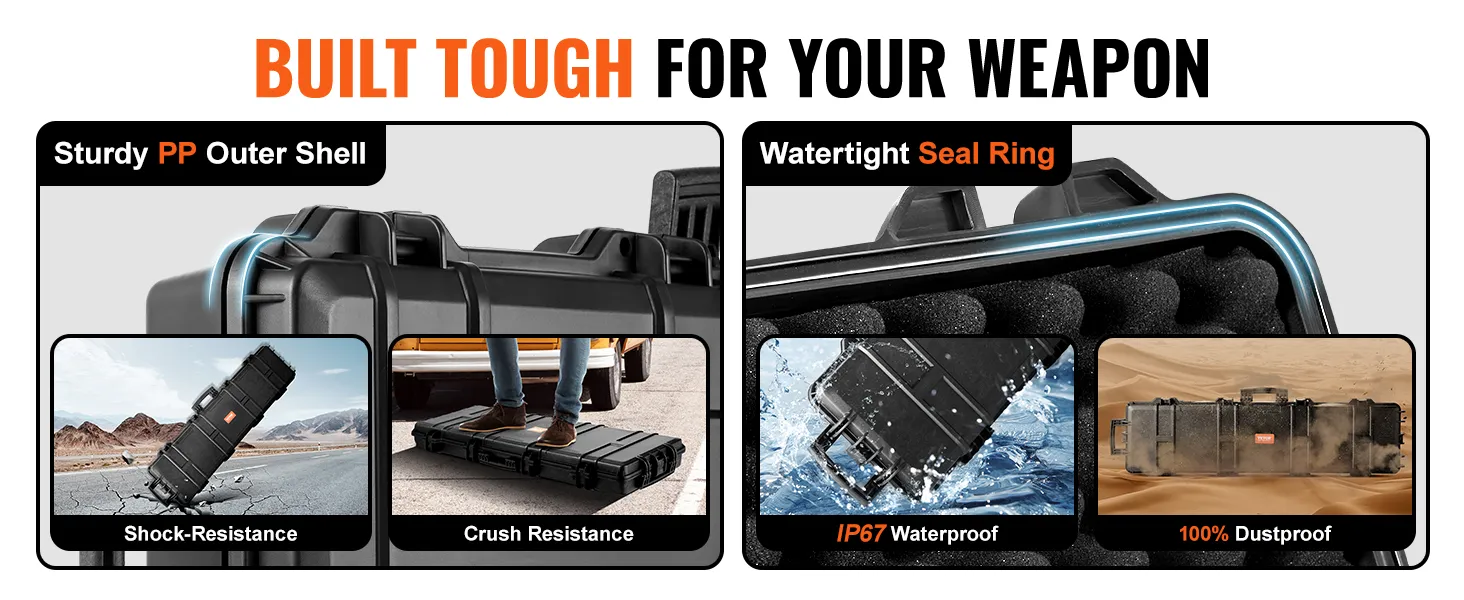 VEVOR tactical range case built tough with pp outer shell, waterproof ip67, and 100% dustproof seal.