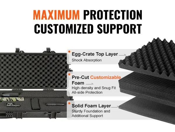 VEVOR tactical range case with egg-crate, pre-cut customizable, and solid foam layers for protection.