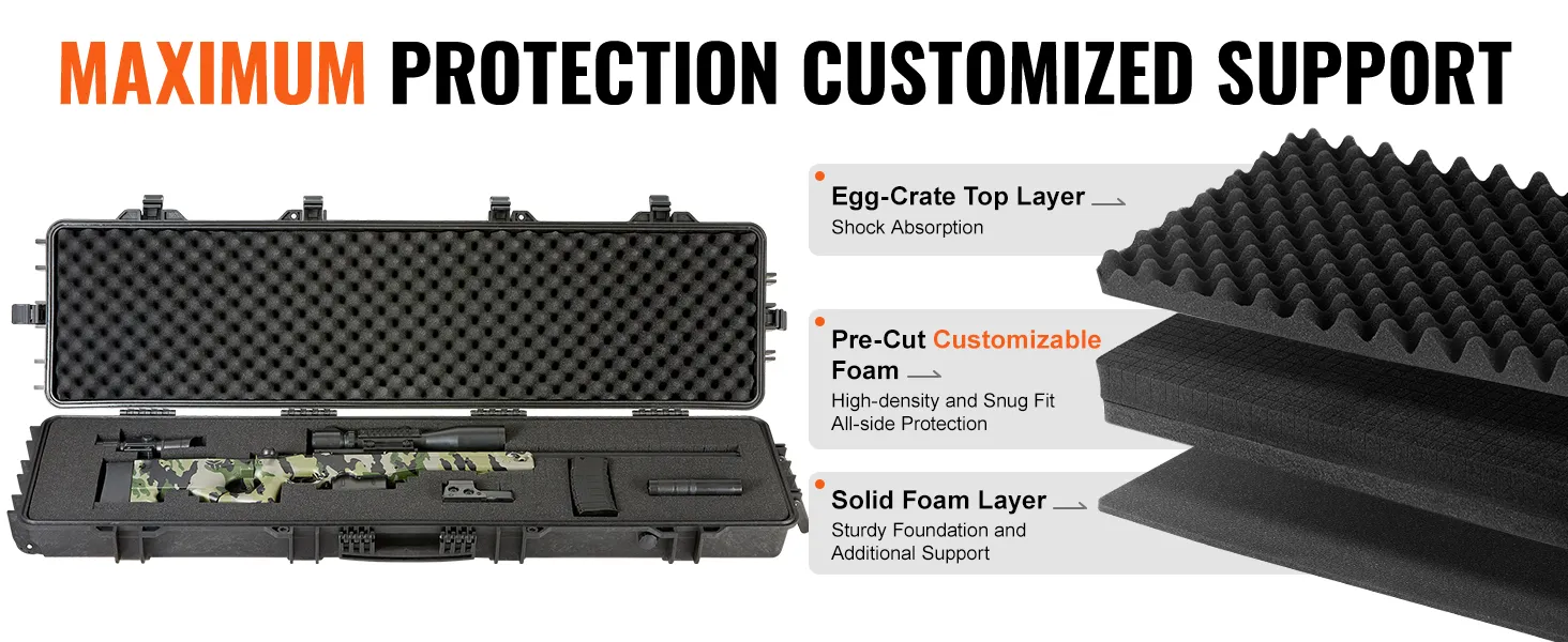 VEVOR tactical range case with egg-crate, pre-cut customizable, and solid foam layers for protection.