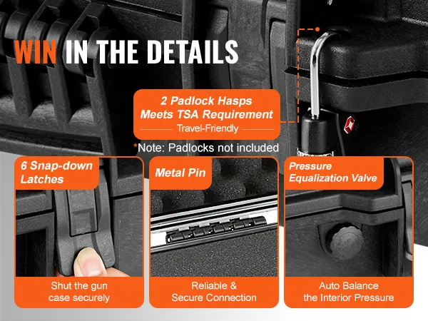 VEVOR tactical range case features 6 snap-down latches, metal pin, and tsa-approved padlock hasps.
