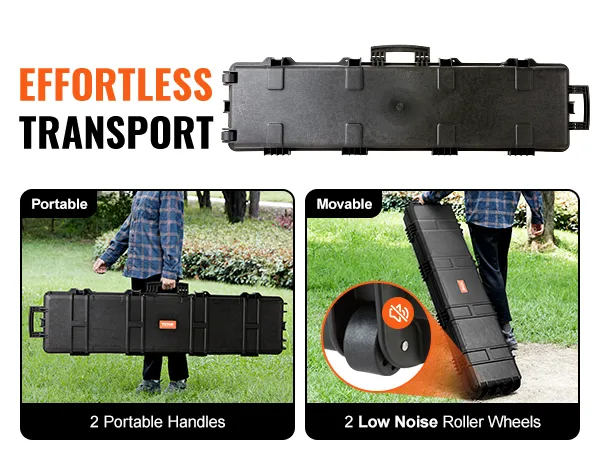 VEVOR tactical range case with 2 portable handles and low noise roller wheels for effortless transport.