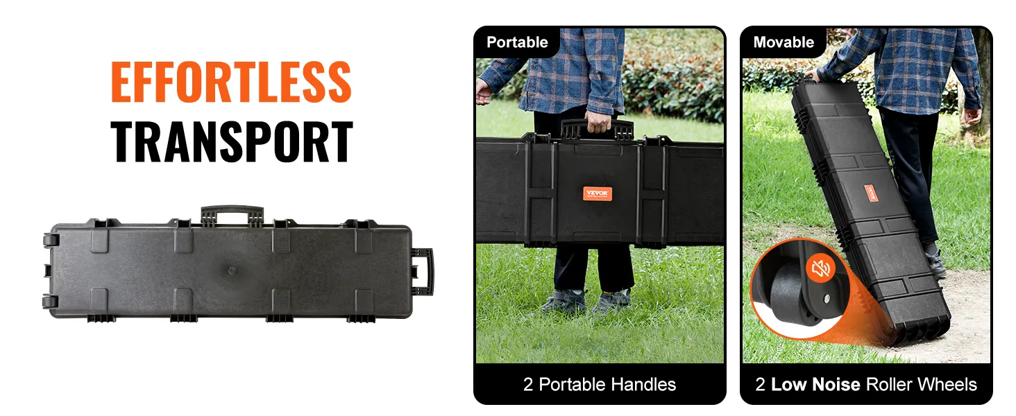 VEVOR tactical range case with 2 portable handles and low noise roller wheels for effortless transport.