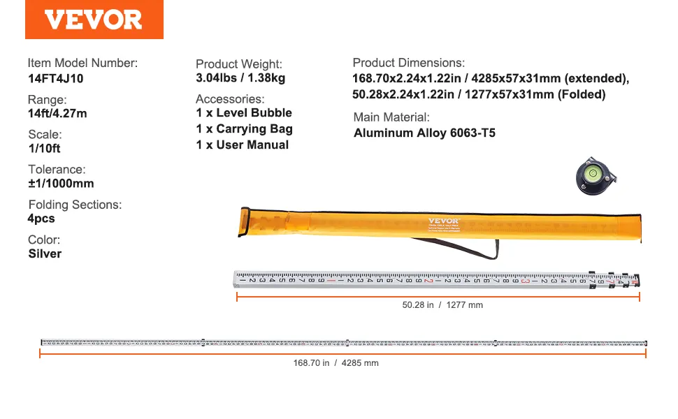 VEVOR aluminum grade rod, 14ft, silver, 4 folding sections, bubble level, carrying bag, user manual