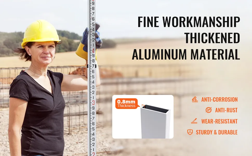 worker in a construction site holding a VEVOR measuring rod, showcasing durability and wear-resistance.