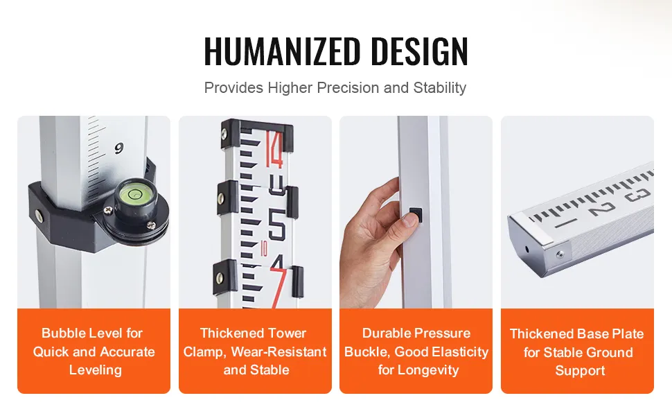 VEVOR measuring rod features a bubble level, thickened tower clamp, pressure buckle, and base plate.