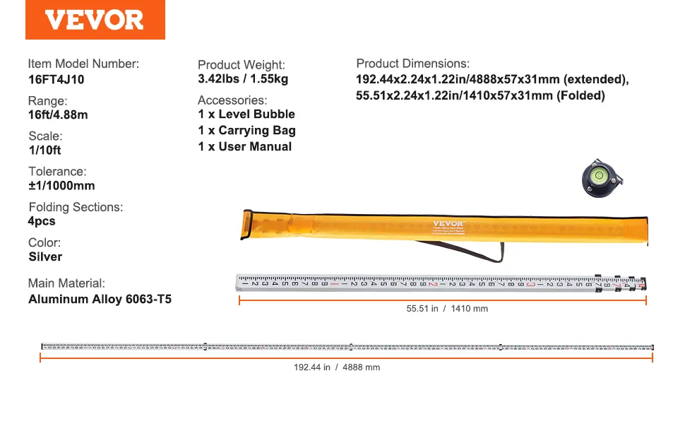 VEVOR aluminum grade rod 16ft with carrying bag, level bubble, user manual; folded in orange case.