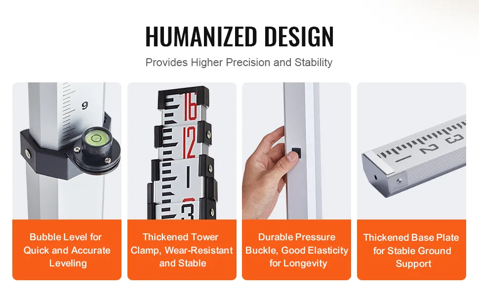VEVOR aluminum grade rod with bubble level, tower clamp, pressure buckle, and thickened base plate.