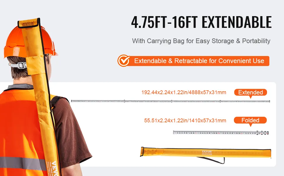 worker carrying VEVOR aluminum grade rod with dimensions and extendable measurements, in hi-vis attire.