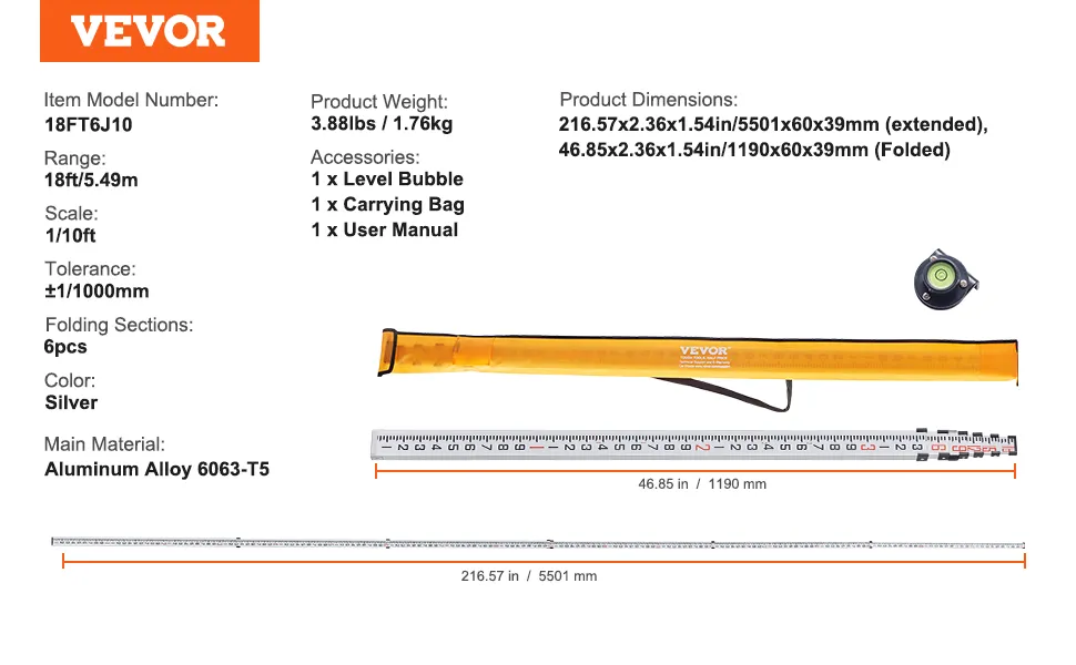VEVOR telescopic grade rod with carrying bag, level bubble, and specifications. range: 18ft/5.49m, aluminum.