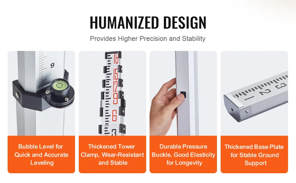 VEVOR telescopic grade rod features a bubble level, tower clamp, pressure buckle, and thickened base plate.