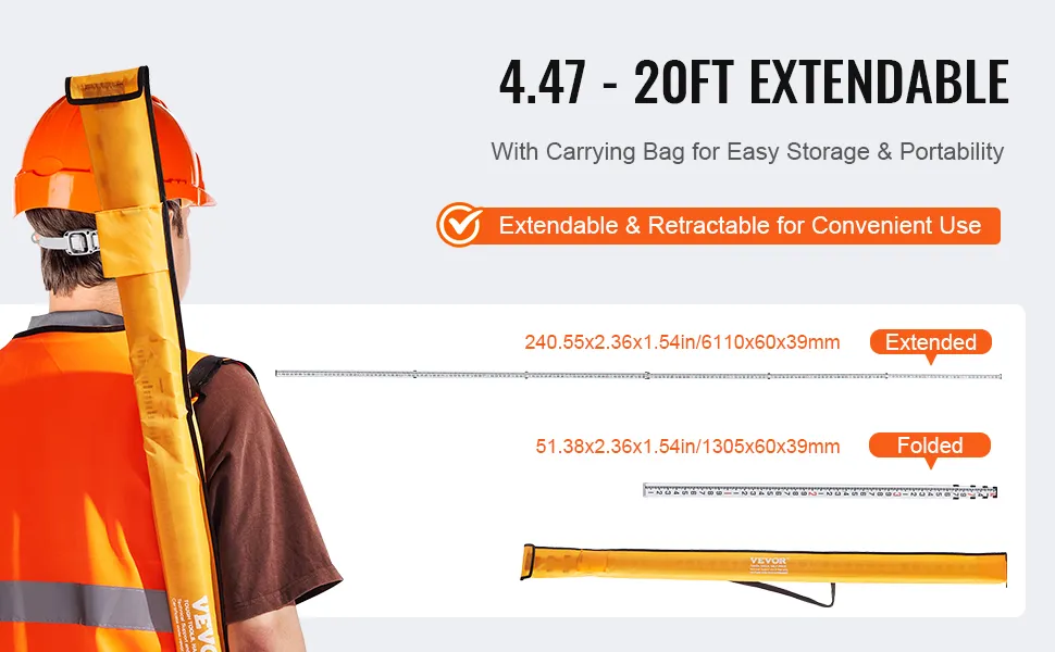 worker with orange hard hat and vest carrying VEVOR telescopic measuring rod, extendable 4.47-20ft.