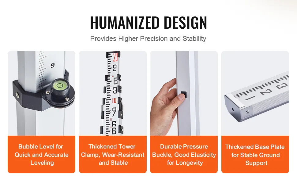 VEVOR telescopic measuring rod features bubble level, thickened tower clamp, pressure buckle, and base plate.