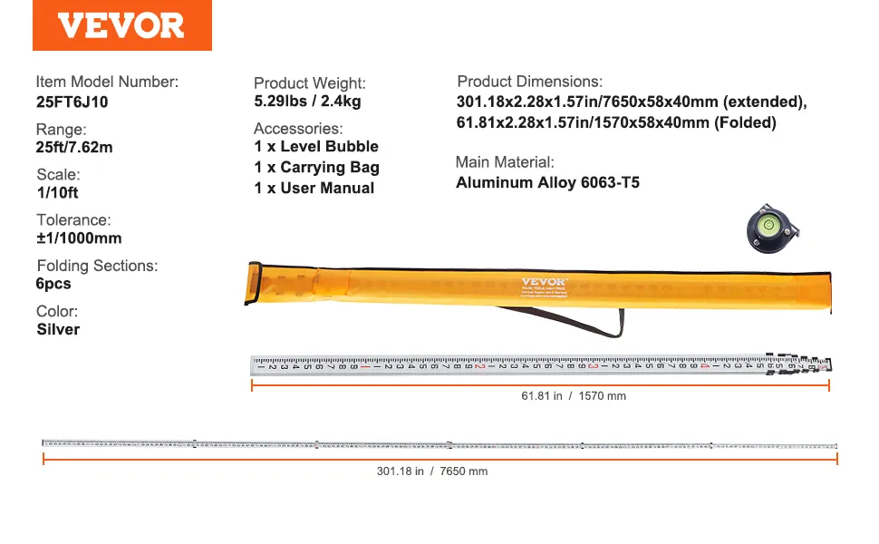VEVOR measuring rod, 25ft/7.62m range, silver, aluminum alloy, includes carrying bag and level bubble.