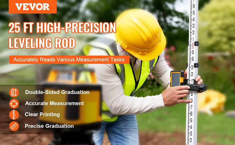 worker using VEVOR measuring rod for precision leveling tasks outdoors, showcasing clear graduations.